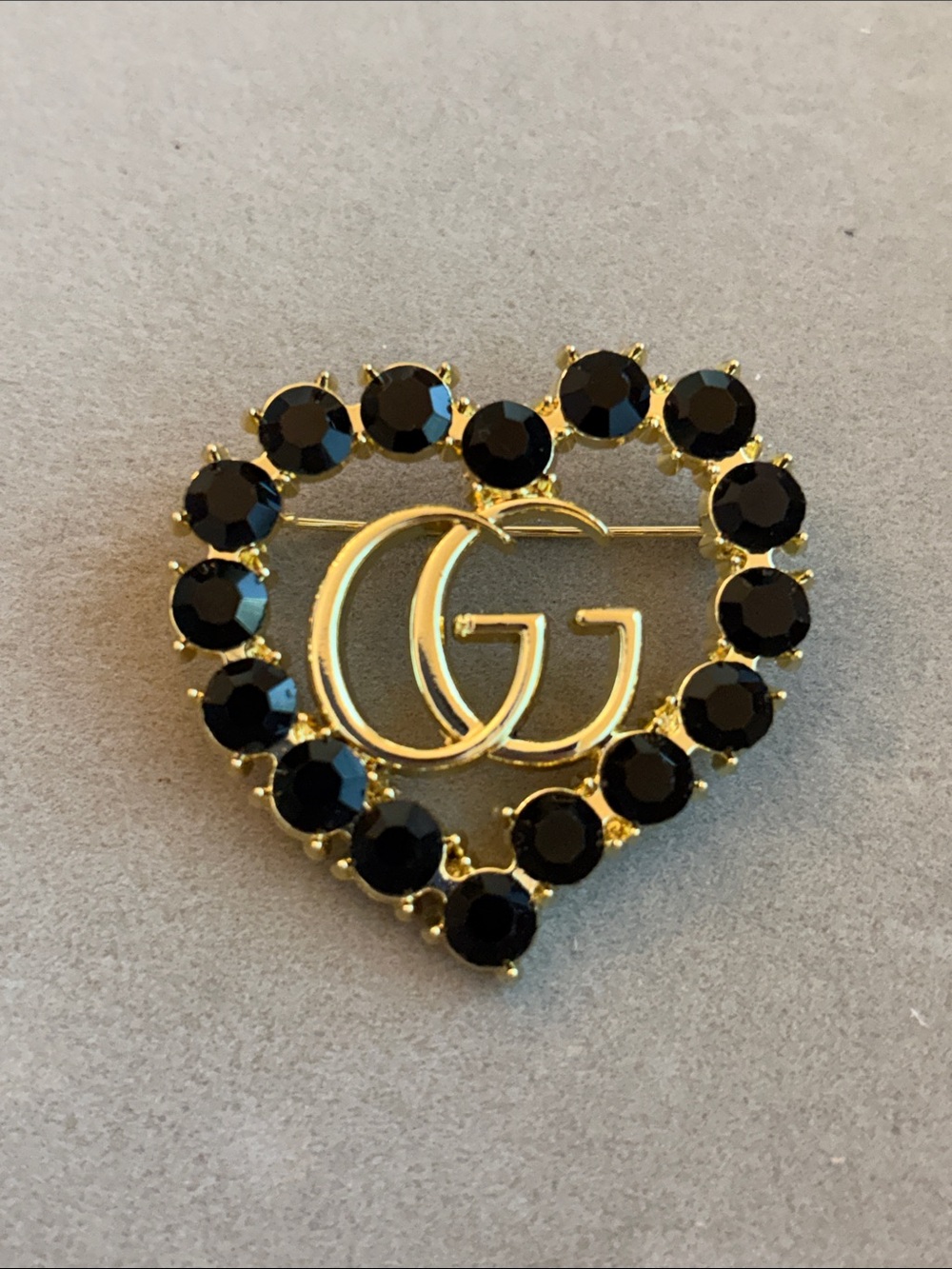 Gold Heart Brooch with Black Crystal Accents